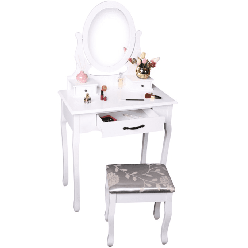 KONDELA Toaletný stolík s taburetom, biela / strieborná, LINET New